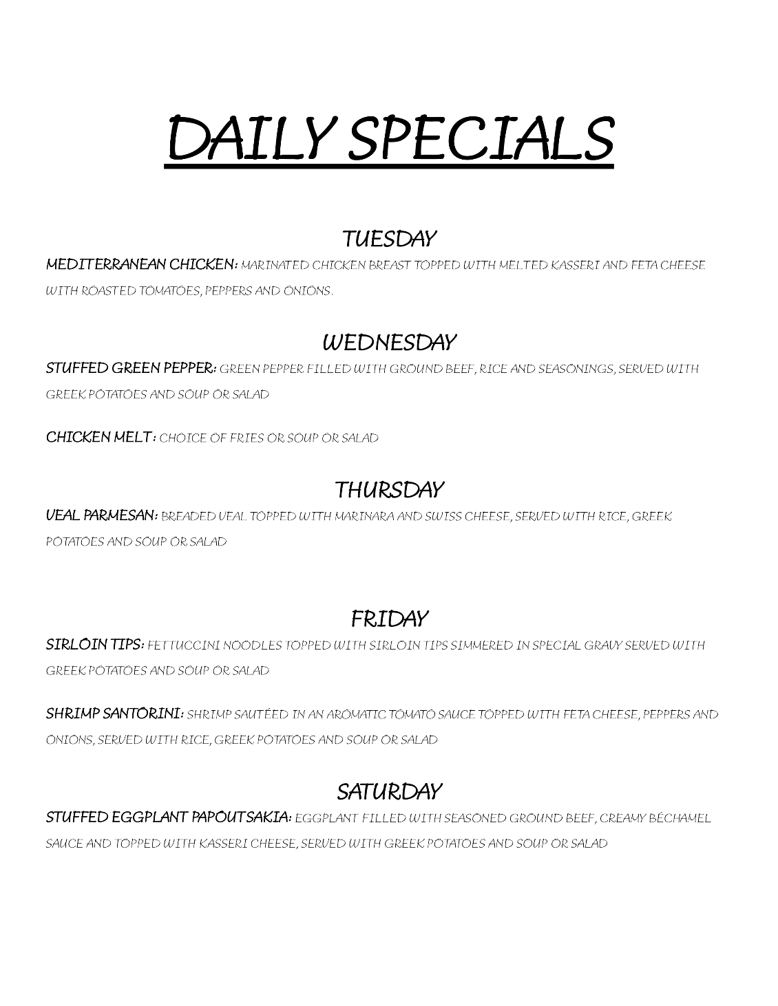 daily specials at Jim and Jennies